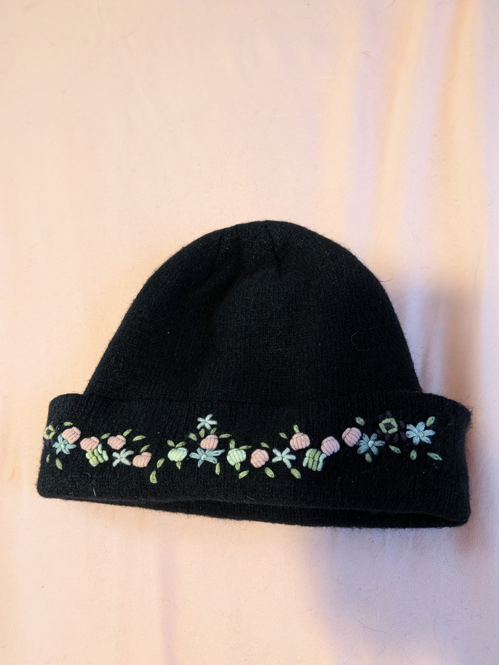 Berkshire Fashions 2000 Black Lambwool Beanie with Pastel Floral Accents